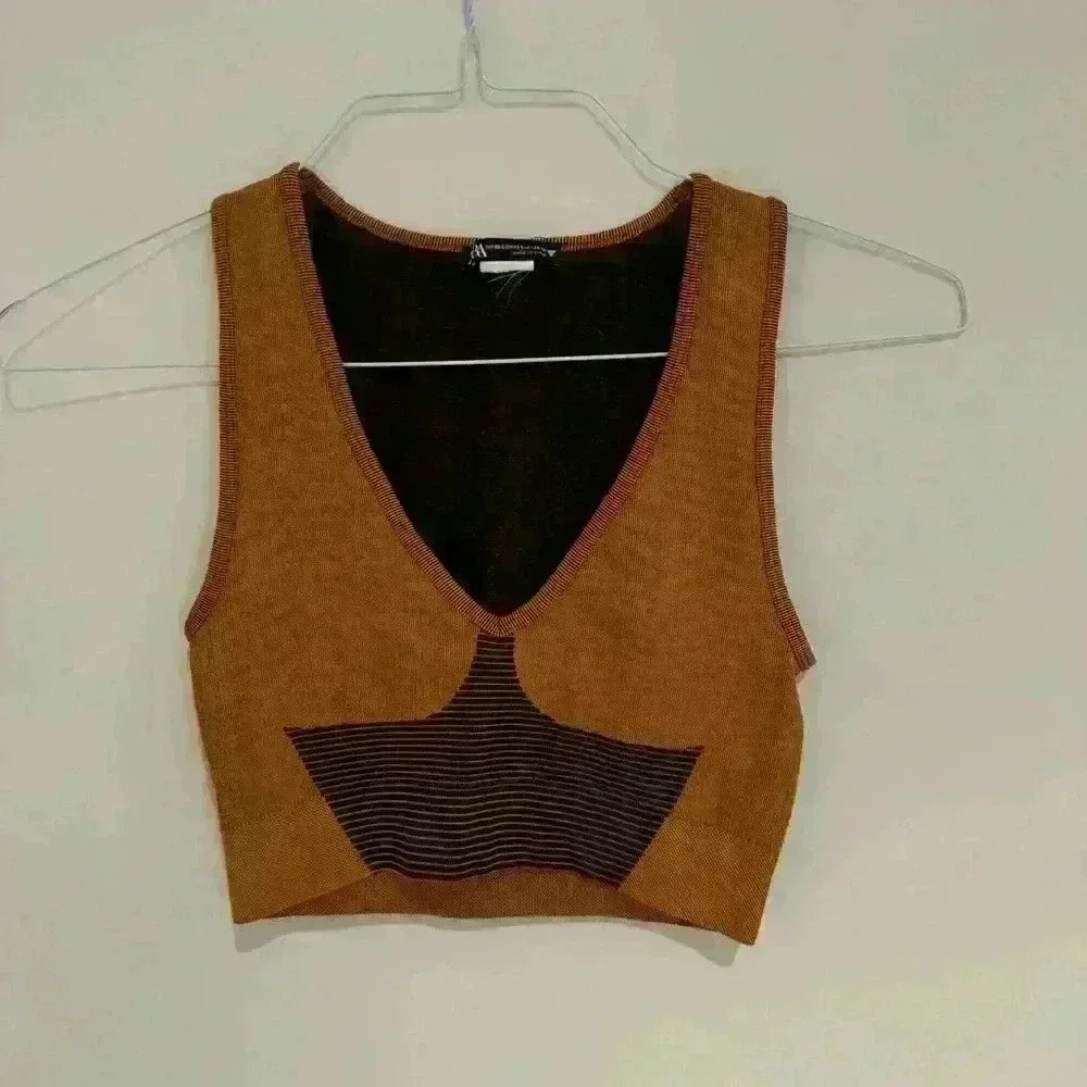 Zara Brown & Dark Brrown Star Strapped Crop Top Size Small Like New